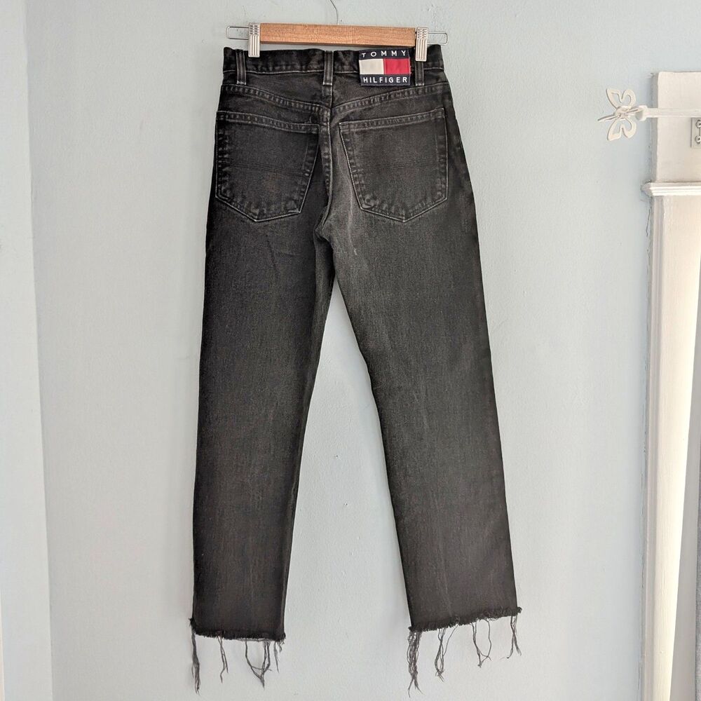 Vintage 90s Y2K Tommy Hilfiger Jeans Black Denim Cropped Distressed JRS Size 1